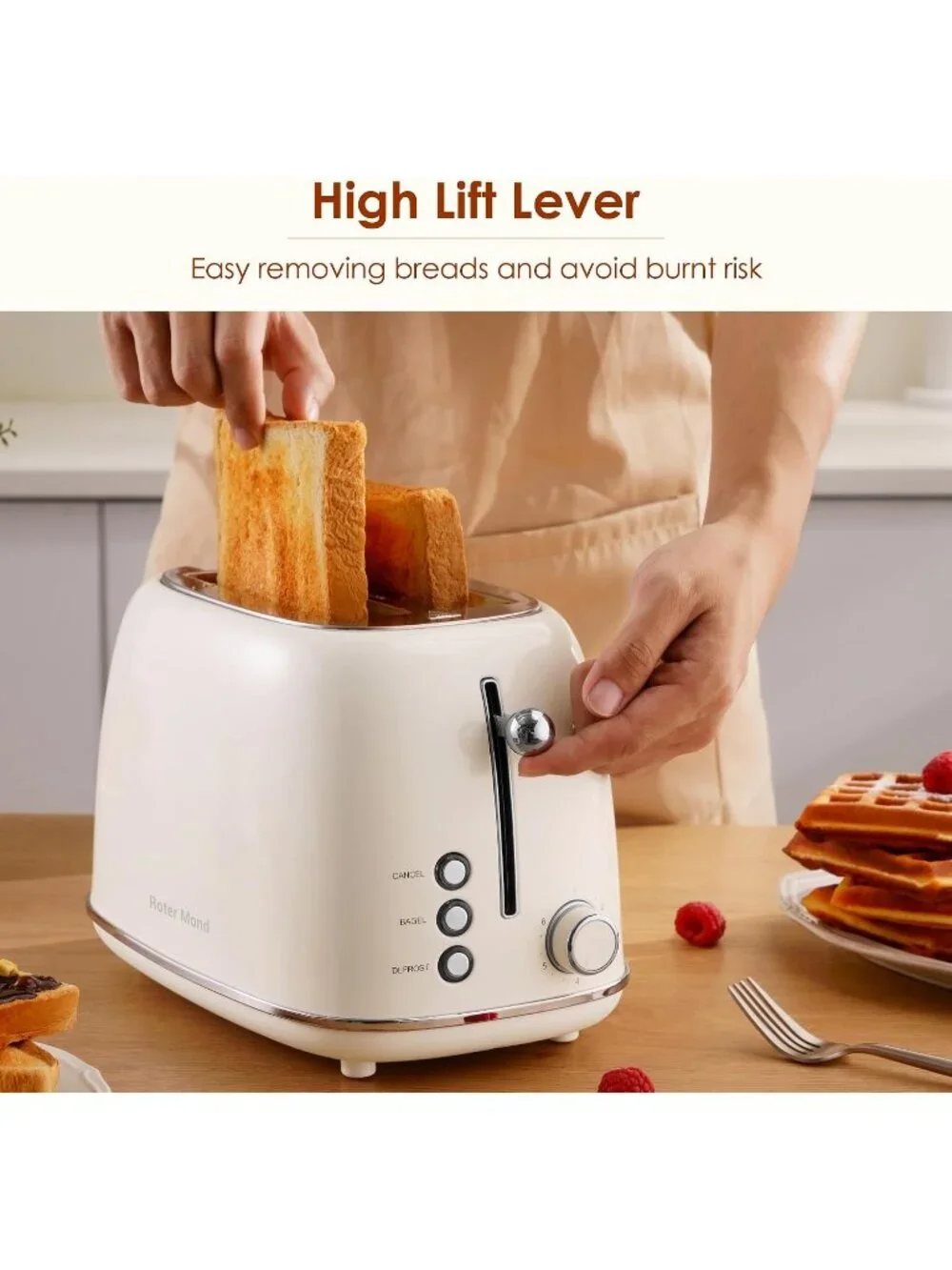 2 Slice Cream Retro Stainless Steel with Bagel Defrost Functions Tray Toaster